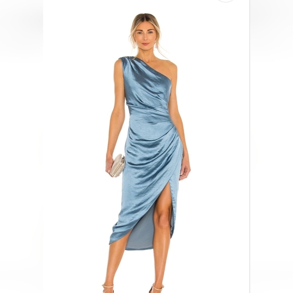 Elliatt Cassini Dress Cadet Blue Size Large NWT One Shoulder Satin Midi